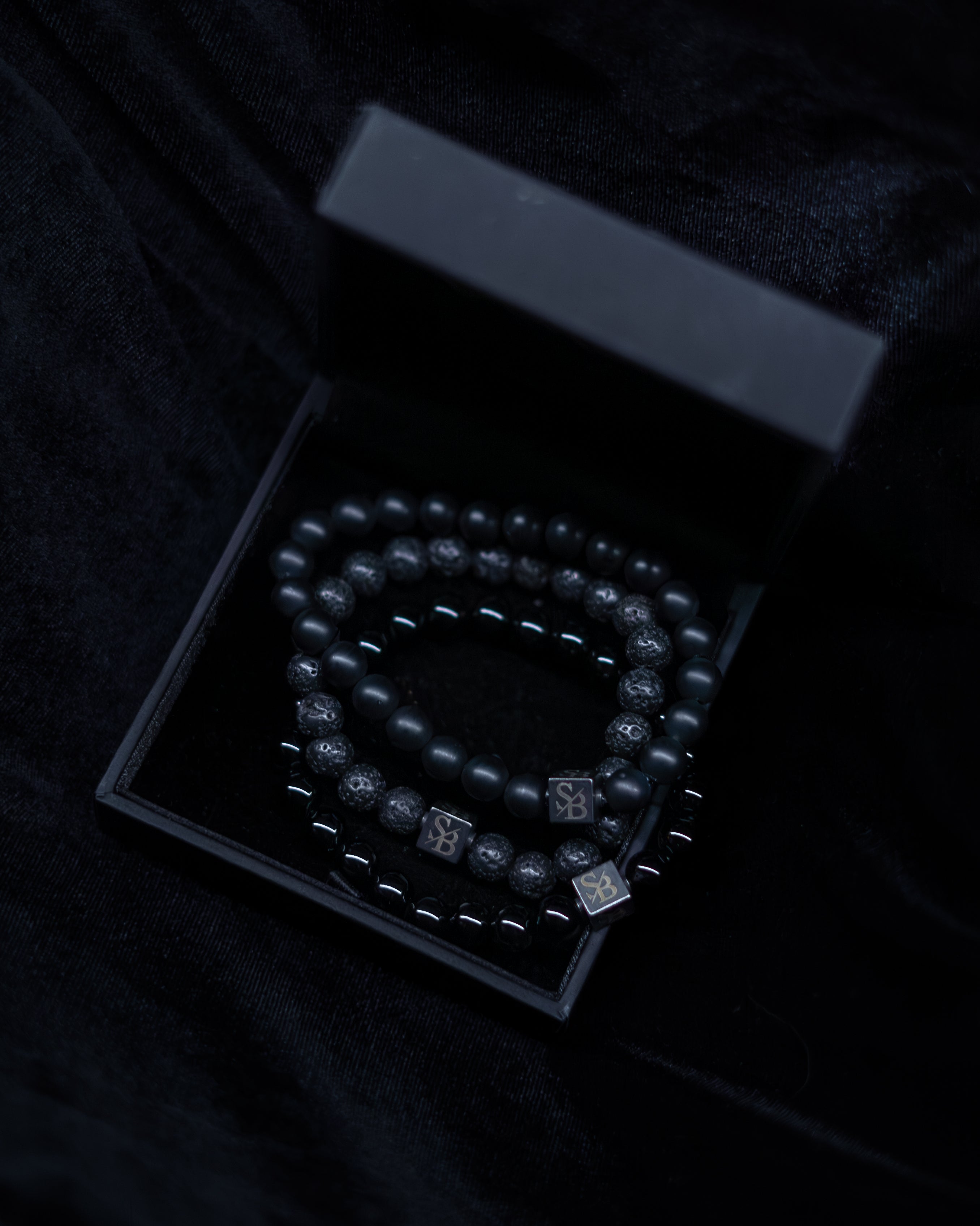 Matte obsidian and lava stone bracelets in the Stoney gift box, Christmas gift for him
