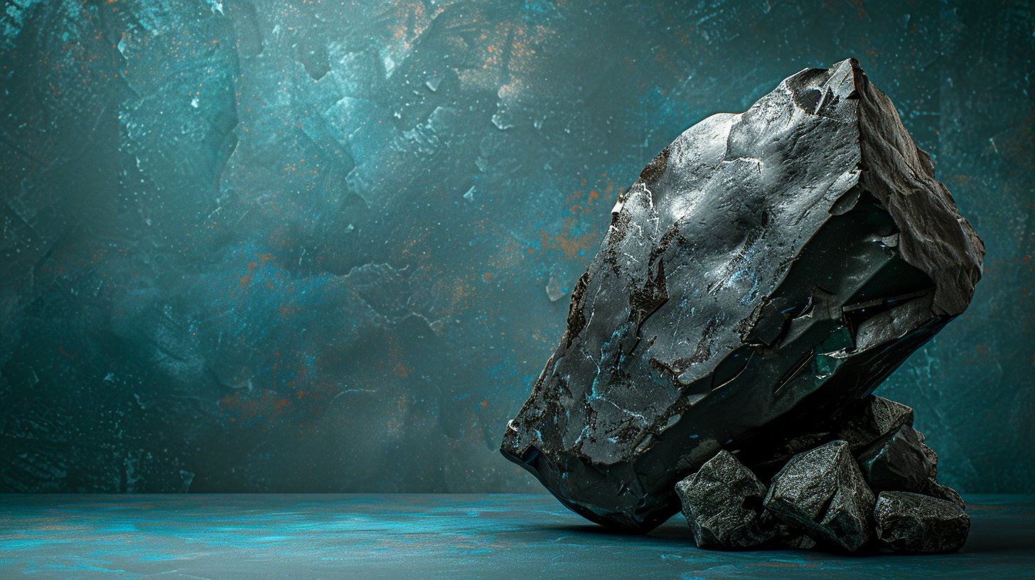 Groot brok van natuursteen, zwart van kleur, in een fotostudio met groene achtergrond.