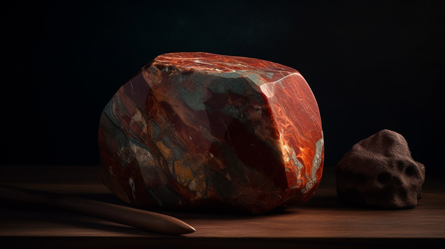 Een stuk rode jaspis ligt op een tafel naast een houten lepel.