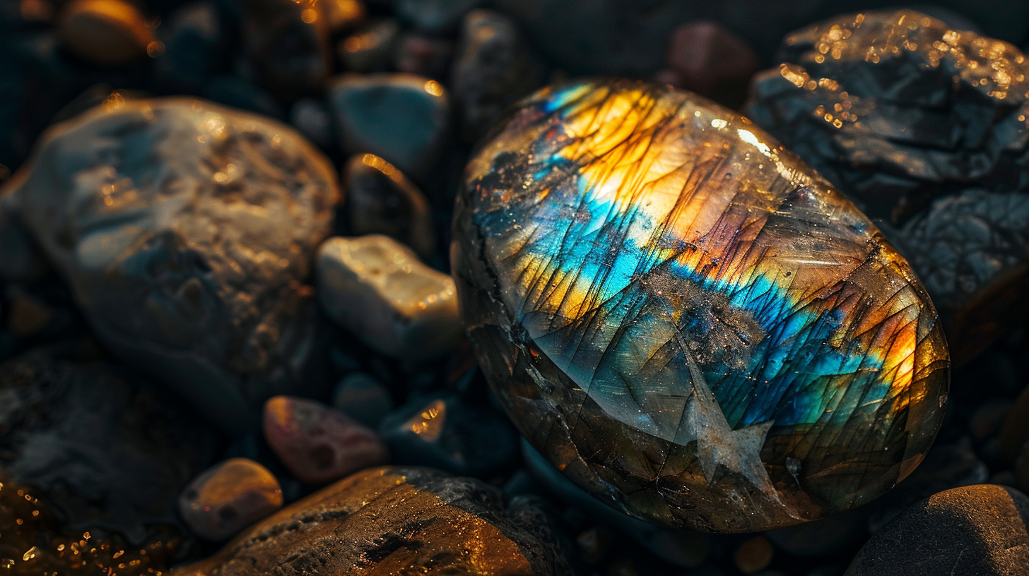 Labradoriet edelsteen liggend tussen andere natuurstenen.