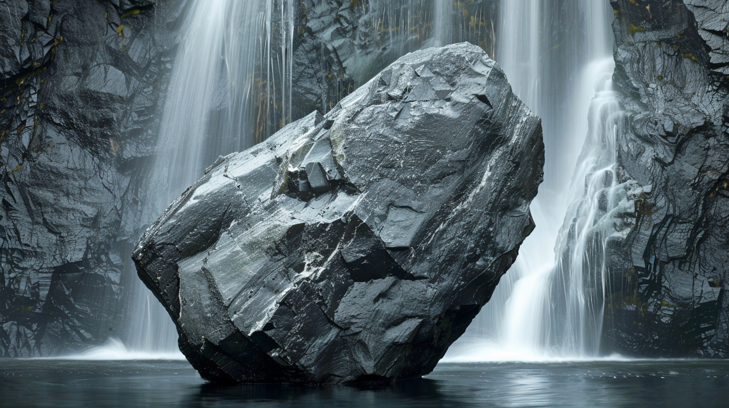 Maansteen, ook bekend als larvikiet natuursteen, een grote brok ligt in het water voor een waterval.