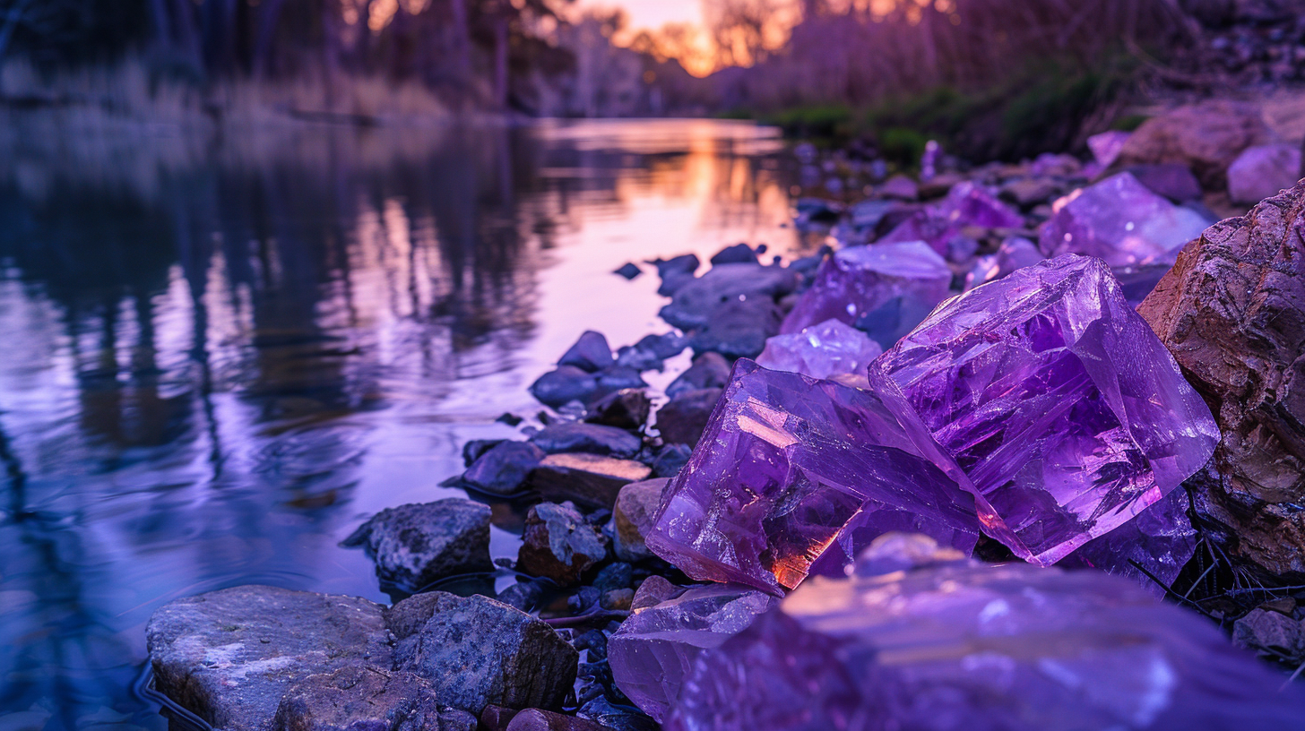 Amethist natuursteen stukken, met hun paarse gloed, liggend langs een rivierbed.