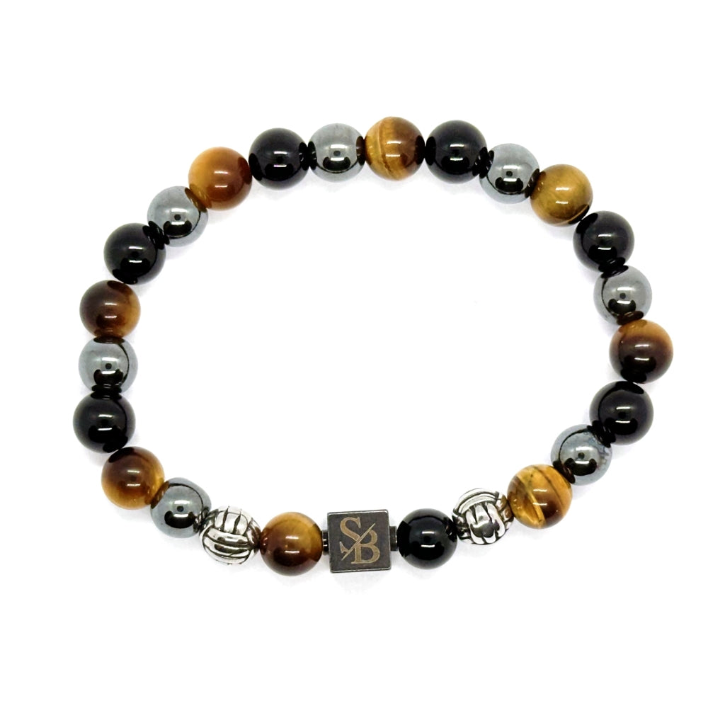 Triple Protection bracelet van Stoney Bracelets met Gouden Tijgeroog, Hematiet en Obsidiaan. Bovenaanzicht.