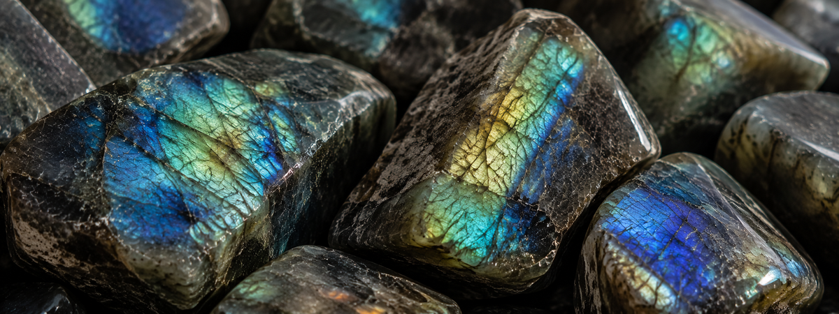Labradorite edelsteen liggend tussen andere natuurstenen.
