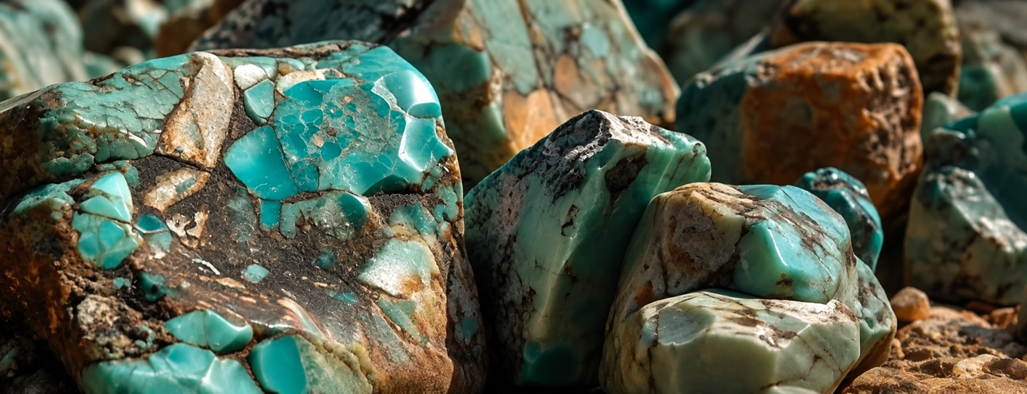 Large chunks of African turquoise natural stone in the desert