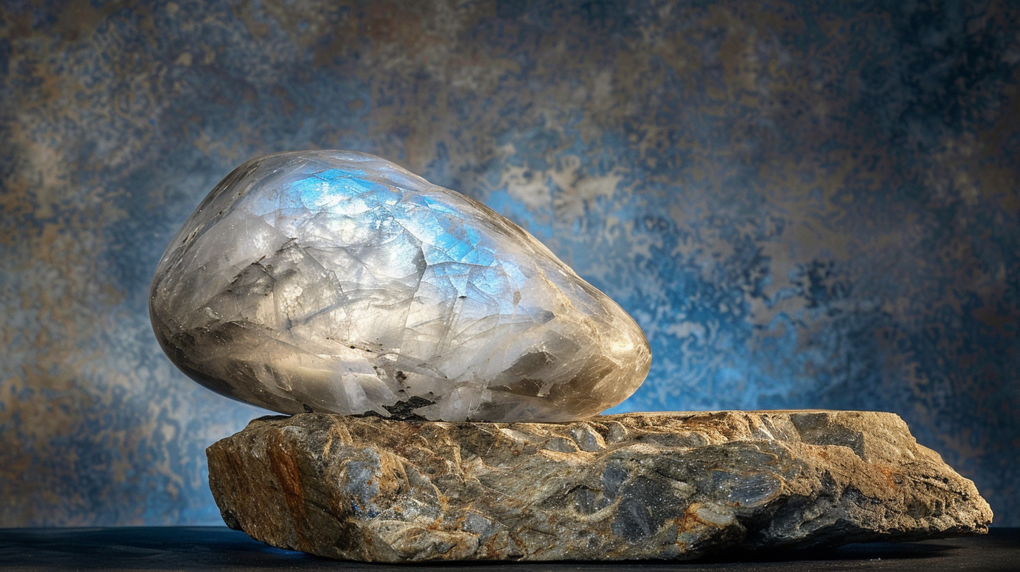 Een grote, gepolijste maansteen met een blauwachtige glans rust op een ruwe, platte rots. De achtergrond is een gestructureerde mix van blauwe en grijze kleuren.