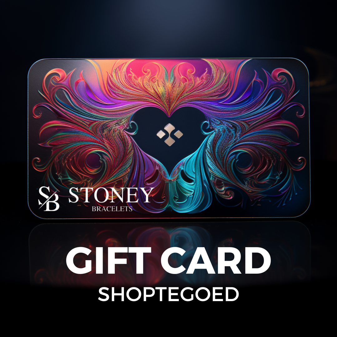 Een **Cadeaubon**-cadeaubon met de woorden stoney gift card, winkelcode van **Stoney Bracelets**.