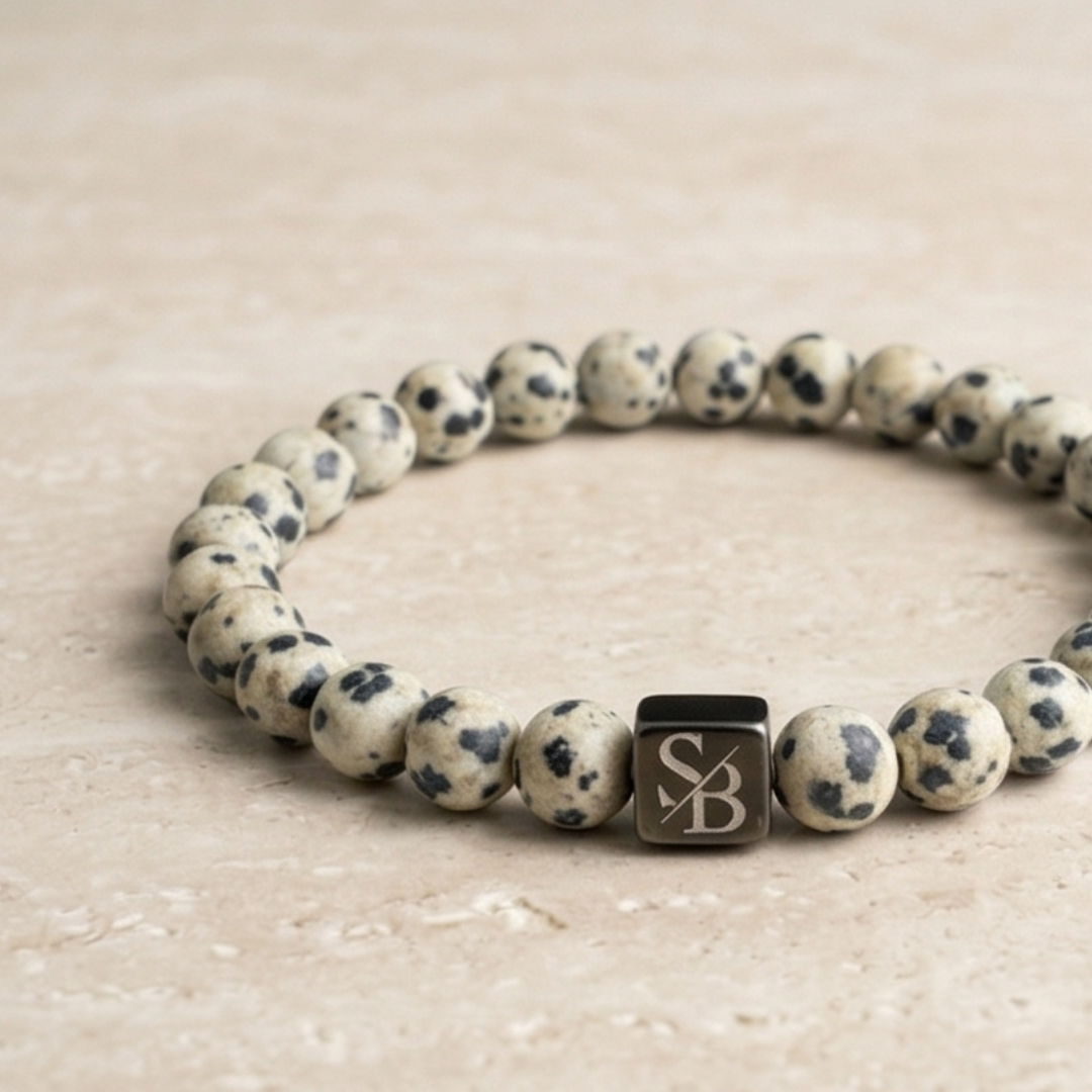 Matte Dalmatian Stones (8mm) - Gedragen | Stoney Bracelets