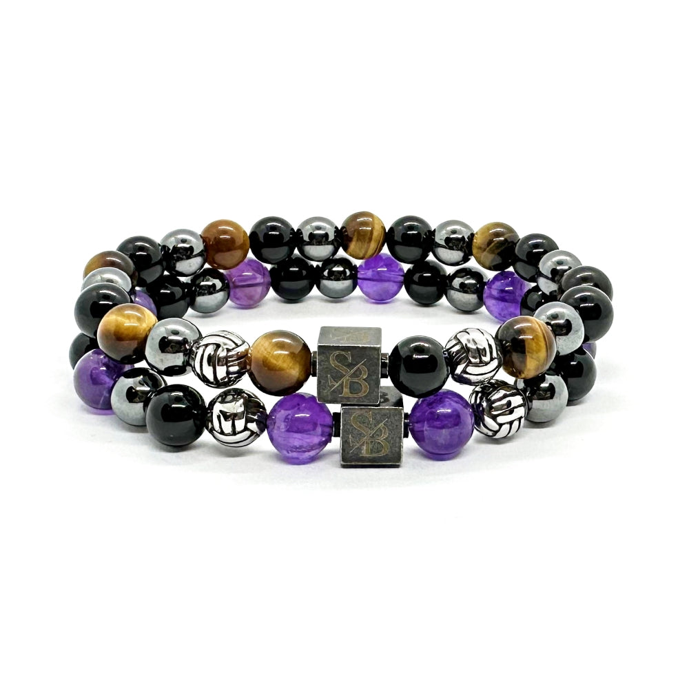 Wisdom set van Stoney Bracelets, natuursteen armbanden voor stoere mannen. Vooraanzicht met de Triple Protection armband en de Athena Silver+ armband.